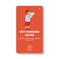 Boy Drinking Water From Bottle In Park Vector. Thirsty Boy Drinking Water From Plastic Packaging On Street. Character Child Refreshing In Hot Summer Day Web Flat Cartoon Illustration