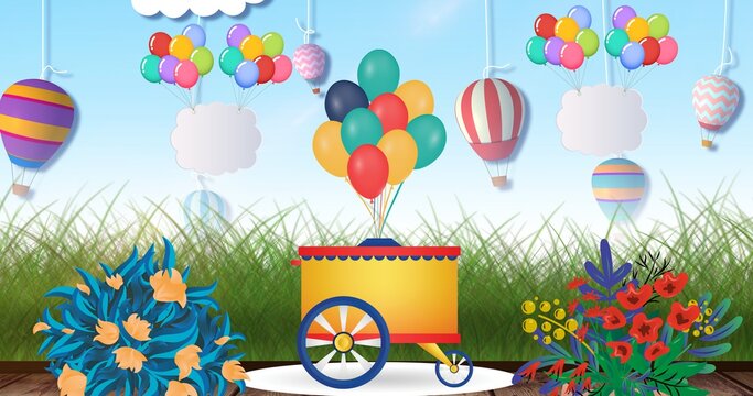 Composition of stand with colourful balloons and spring flowers on blue background