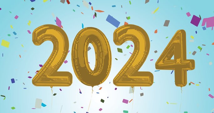 Composition of 2024 gold balloons numbers and confetti on blue background