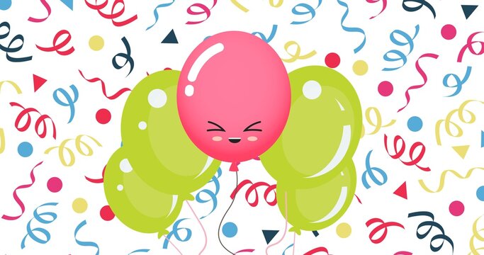 Composition of green and pink balloons with party streamers on white background