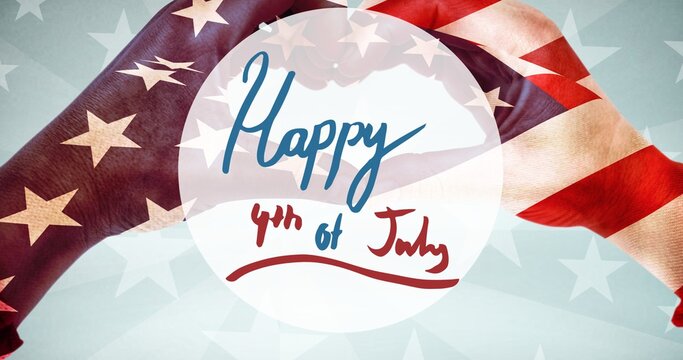 Composition of happy fourth of july text over person making heart shape and american flag