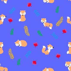 Seamless repeat pattern of fox animal  flower and leaves background, illustration