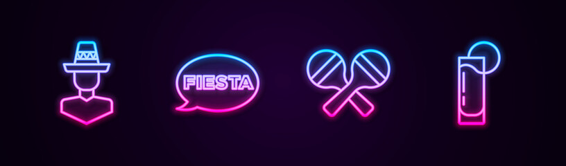 Set line Mexican man sombrero, Fiesta, Maracas and Tequila glass with lemon. Glowing neon icon. Vector