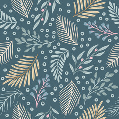 Seamless cute floral vector pattern with plant and flowers. Flower background.