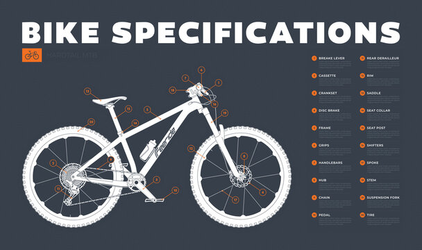 Vector info mountain bike specifications. Picture with lots of details. Dark Blue background.