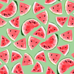 Watermelon. Seamless pattern of parts and halves. 800 dpi high resolution watercolor.
