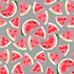 Watermelon. Seamless pattern of parts and halves. 800 dpi high resolution watercolor.

