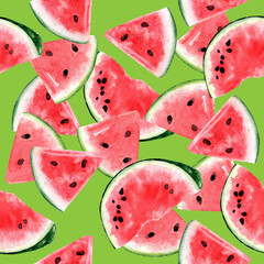 Watermelon. Seamless pattern of parts and halves. 800 dpi high resolution watercolor.
