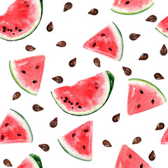 
Watermelon. Seamless pattern of parts and halves on a white background. High Resolution Watercolor 800 dpi.
