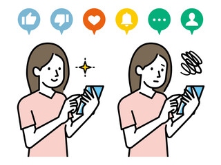 スマホを手で持ちSNSのリアクションをするイラスト