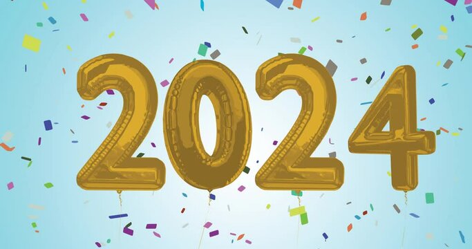 Animation of 2024 gold balloon numbers with confetti on blue background