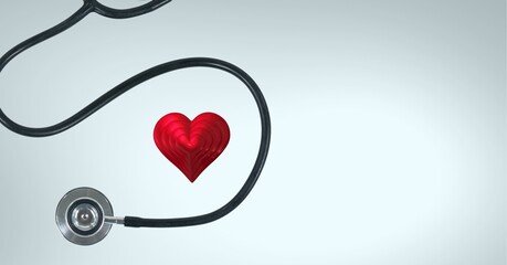 Composition of red heart and stethoscope with copy space on white background
