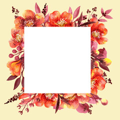 A square white frame surrounded by orange flowers and grass on a pale yellow background.
