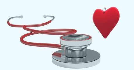 Composition of red heart and stethoscope with copy space on white background