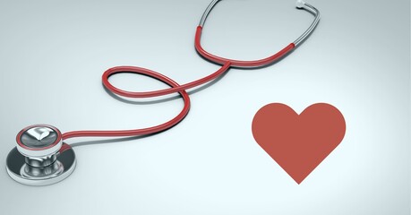 Composition of red heart and stethoscope with copy space on white background