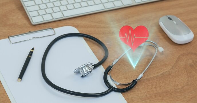Composition of red heart and stethoscope with notebook on desk