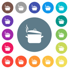 Steaming pot with lid flat white icons on round color backgrounds