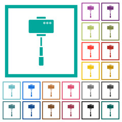 Smartphone on selfie stick back view flat color icons with quadrant frames