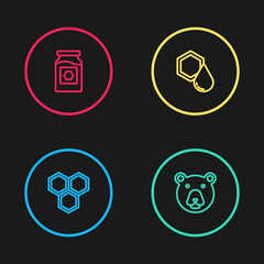 Set line Honeycomb, Bear head, and Jar of honey icon. Vector