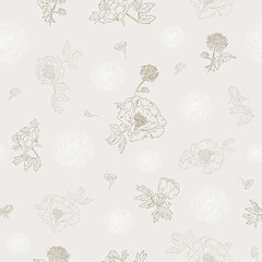 Seamless retro pattern with peonies and dandelions flowers. Hand-drawn style. Romantic Spring mood. Maybe use for wallpaper, textile or card, wedding design.