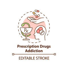 Prescription drugs addiction concept icon. Addiction types. Dangerous health care problems. Consuming drugs abstract idea thin line illustration. Vector isolated outline color drawing. Editable stroke