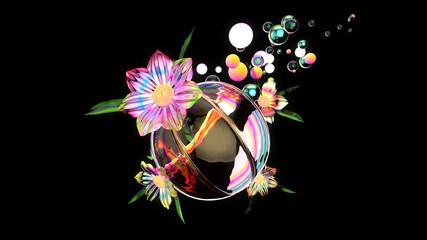 3D Illustration of an abstract art of a basketball with flowers and bubbles