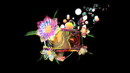 3D Illustration of an abstract art of a VR headset with flowers and bubbles