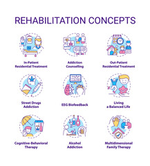 Rehabilitation concept icons set. Addiction recovery steps. Addiction treatment methods. Rehabilitation types idea thin line color illustrations. Vector isolated outline drawings. Editable stroke