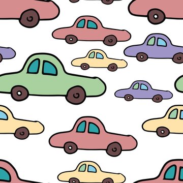 car children's cute cartoon color vector illustration hand drawn doodle sketch vintage retro. Red blue green color stylized object patern seamless