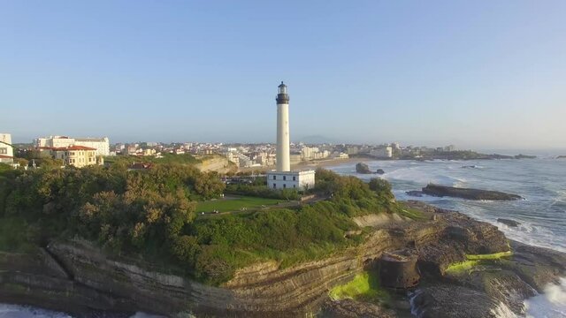 Aerial view of Biarritz lighthouse at sunset, Biarritz, France, Europe