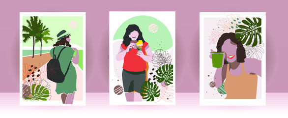 Vector greeting cards on the theme of summer holidays and warm countries with different girls. Flat style, color images.