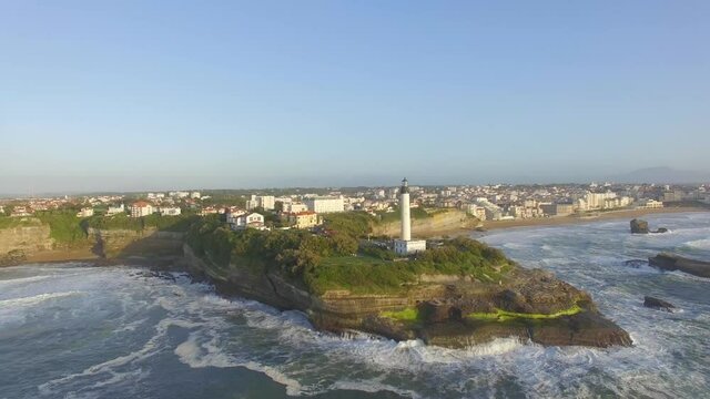 Aerial view of Biarritz lighthouse at sunset, Biarritz, France, Europe