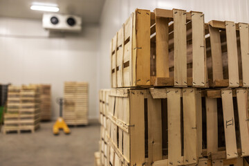 Arranged crates ready to be used. Storage interior.