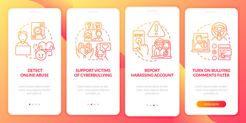 Cyberharassment prevention onboarding mobile app page screen with concepts. Detect online abuse walkthrough 4 steps graphic instructions. UI, UX, GUI vector template with linear color illustrations