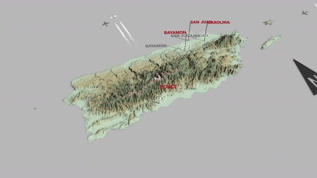 Seamless looping animation of the 3d terrain map of Puerto Rico with the capital and the biggest cites in 4K resolution