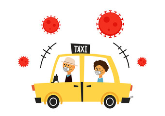 Taxi cartoon vector. Covid-19 in Taxi. Corona virus vector. Taxi driver wearing a face mask.