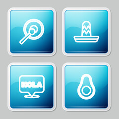 Set line Gong, Mexican sombrero, Hola and Avocado fruit icon. Vector