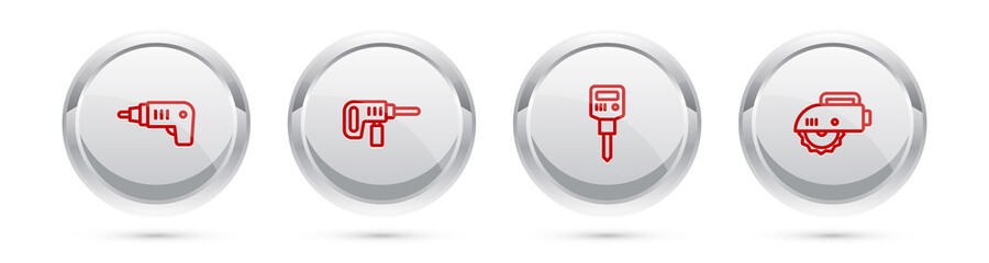 Set line Electric cordless screwdriver, drill machine, Construction jackhammer and circular saw. Silver circle button. Vector