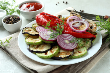 Concept of tasty eating with grilled vegetables, close up
