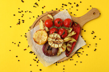 Concept of tasty eating with grilled vegetables, top view