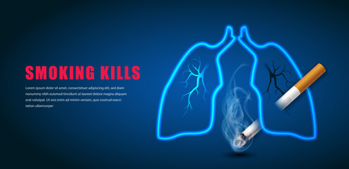 Stop smoking campaign illustration no cigarette for health cigarette puncture lung in dark blue background