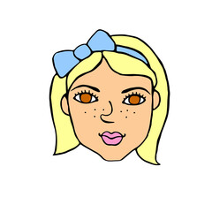 The face of a girl, woman with bow. Vector contour illustration in the style of doodle drawn by hand. Different and beautiful
