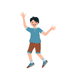 Fototapeta na wymiar Boy with black hair, face in a shirt, shorts and sneakers smile. Happy kid spread his arms, hugs, dancing. A teenager in casual summer clothes rejoices. World international children day
