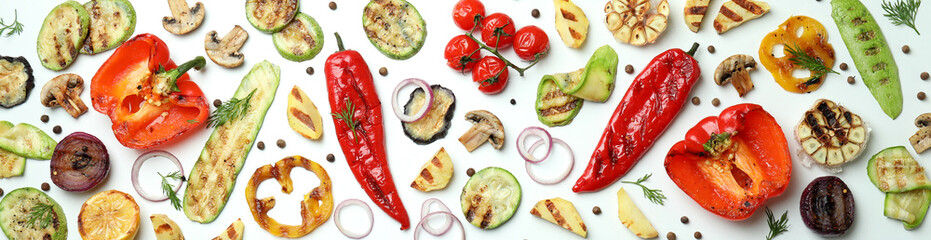 Tasty grilled vegetables on white background, top view