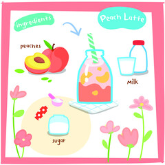Peach latte ingredients cartoon, card template. 
Cute food icons set for cookbook, restaurant, cafe, menu creator. Vector illustration.
