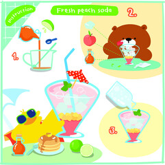 Fresh peach soda limeade recipe cartoon, step by step instructions, card template. 
Cute food icons set for cookbook, restaurant, cafe, menu creator. Vector illustration.