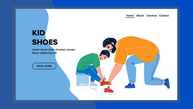 Kid Shoes Laces Help Lacing Father To Son Vector. Man Helping Boy Put On Kid Shoes On Foot. Characters Parent Dad And Child Preparing For Walking In Park Web Flat Cartoon Illustration