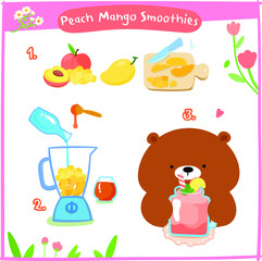 Healthy peach smoothies recipe cartoon instructions. 
Cute food icons set for cookbook, menu creator. Vector illustration.