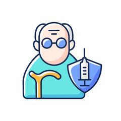 Vaccination of elderly people RGB color icon. Priority list age group. Senior man for vaccine injection. Protection of elder patient. Old person. Health care and medicine. Isolated vector illustration