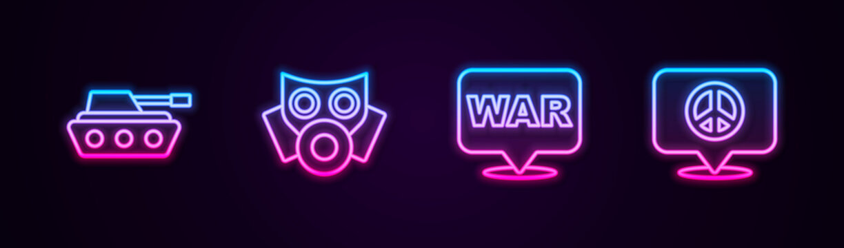Set line Military tank, Gas mask, The word war and Location peace. Glowing neon icon. Vector